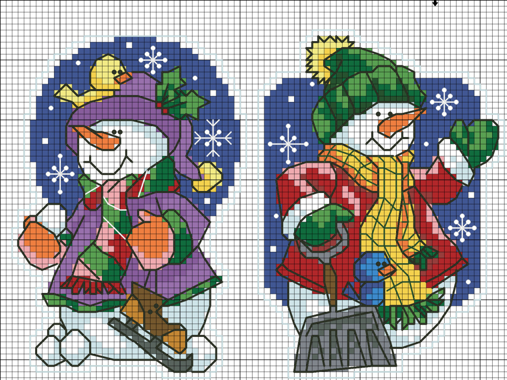 схема вышивки крестом снеговики новогодняя