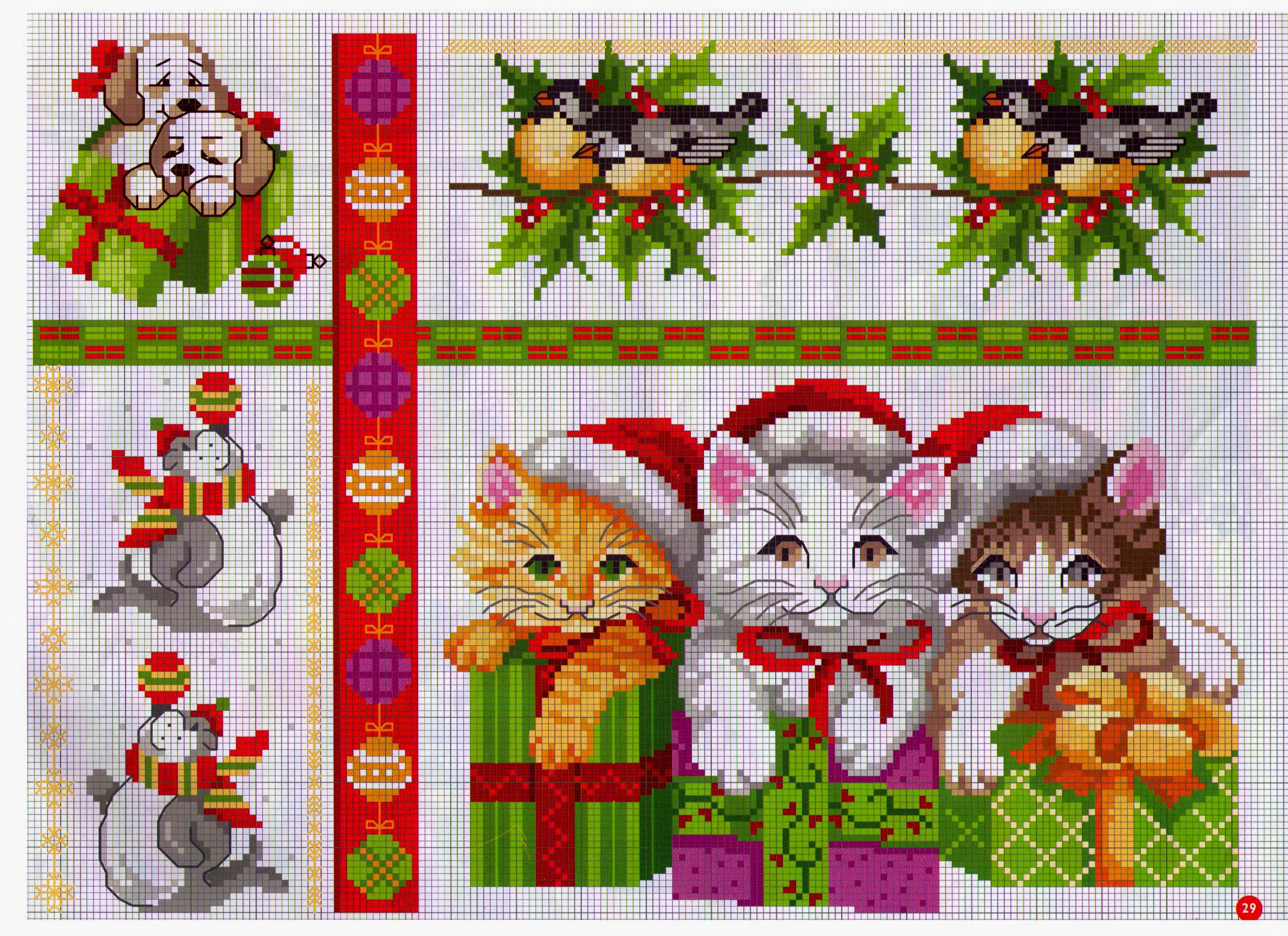 схема вышивки новогодняя подарки с котятами